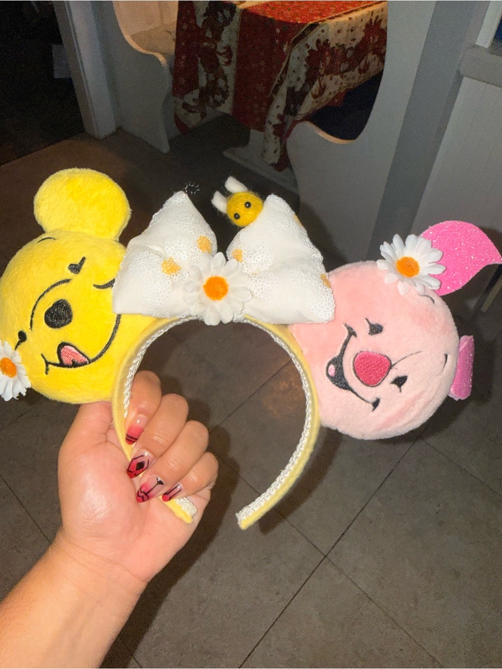 Cute Winnie the Pooh Floral Plush Character Ear Headband - Yellow & Pink